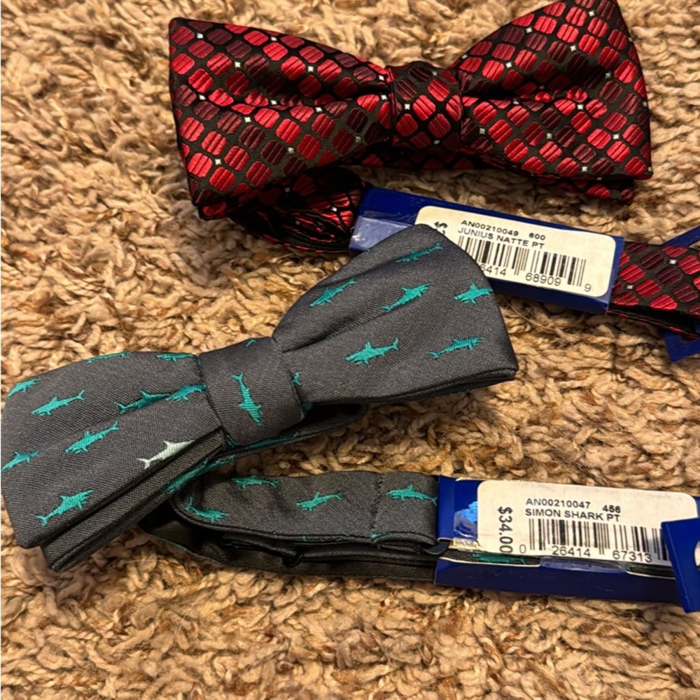 2 children’s bow ties-red and black squares, grey and blue with sharks
